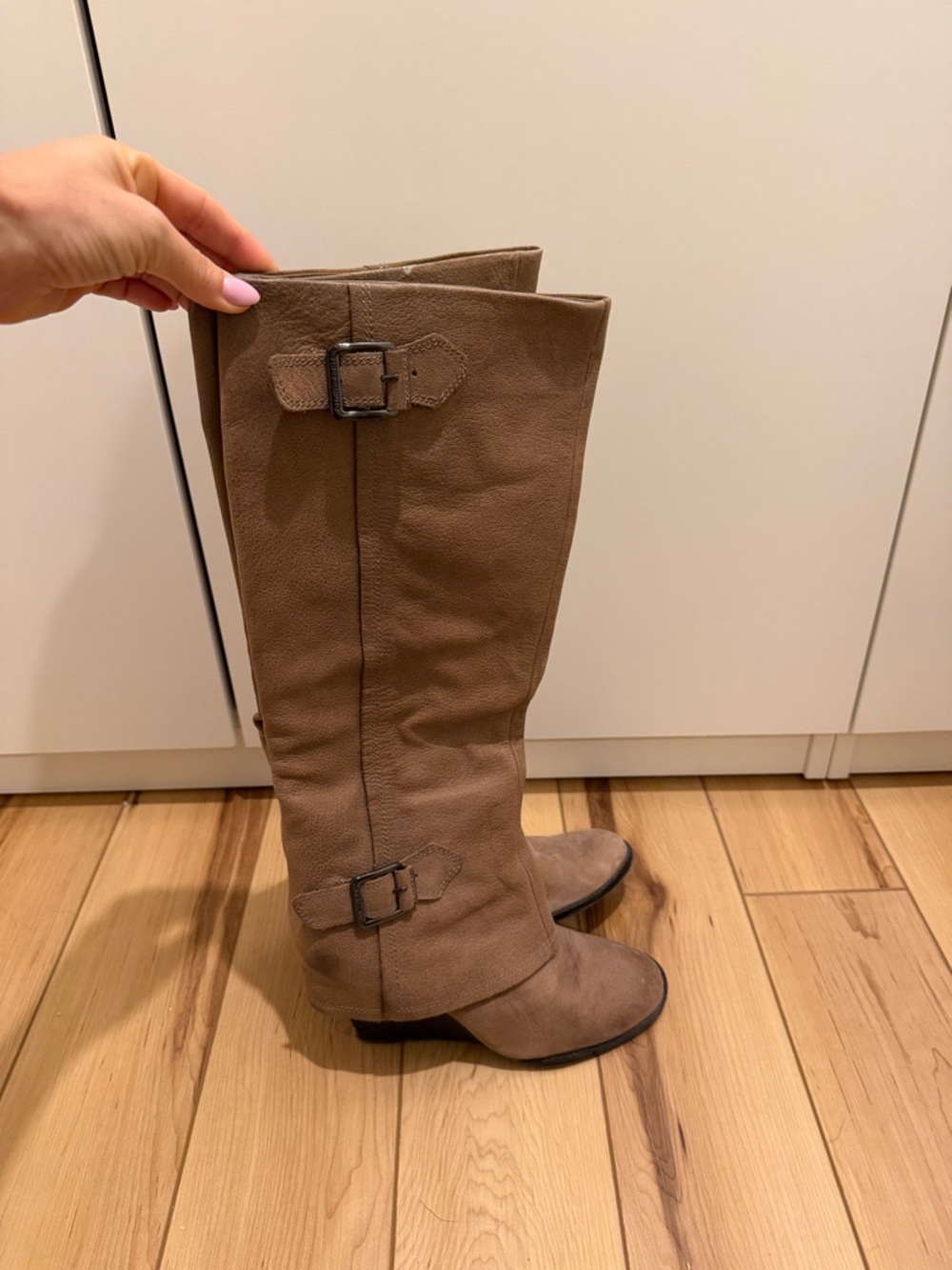 Vince Camuto Taupe Over-the-Knee Buckle Boots